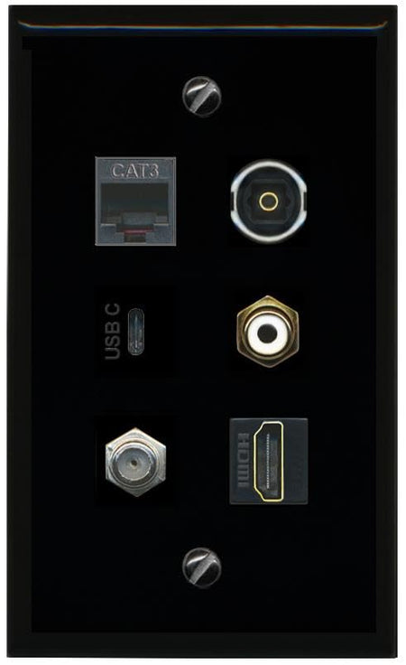 RiteAV Coax HDMI Phone RCA White TOSLINK USBC Flat/Solid Wall Plate [Black]