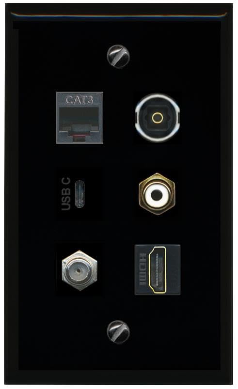 RiteAV Coax HDMI Phone RCA White TOSLINK USBC Flat/Solid Wall Plate [Black]