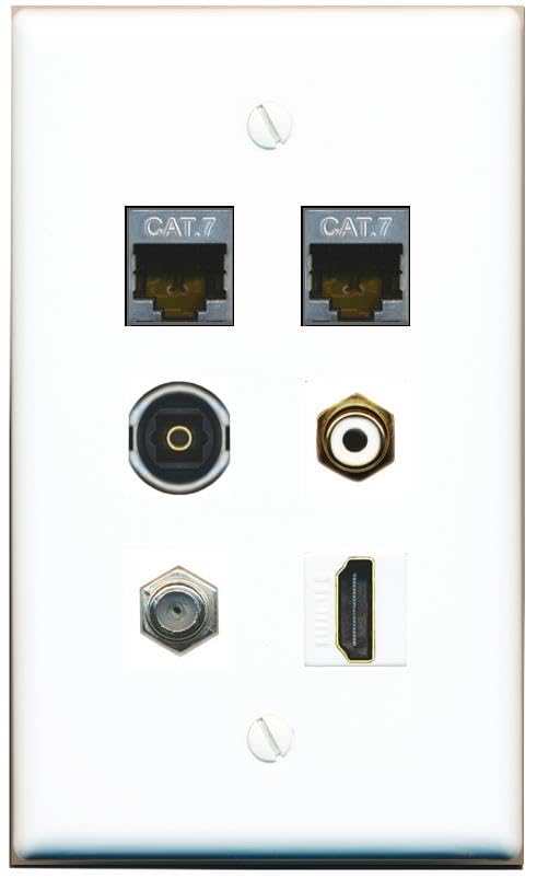 RiteAV 2 CAT7 Coax HDMI RCA-White TOSLINK Flat/Solid Wall Plate [White]