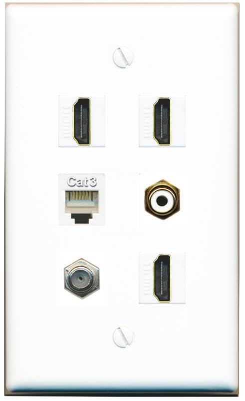 RiteAV Coax 3 HDMI Phone RCA-White Flat/Solid Wall Plate [White]