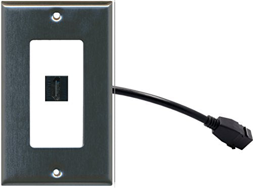 RiteAV (1 Gang Decorative HDMI Wall Plate w/Pigtail Extension Cable Stainless Steel on White
