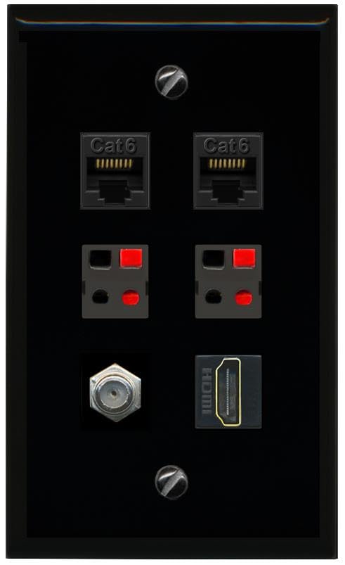 RiteAV 2 CAT6 COAX HDMI 2 SPEAKER Flat/Solid Wall Plate [Black]