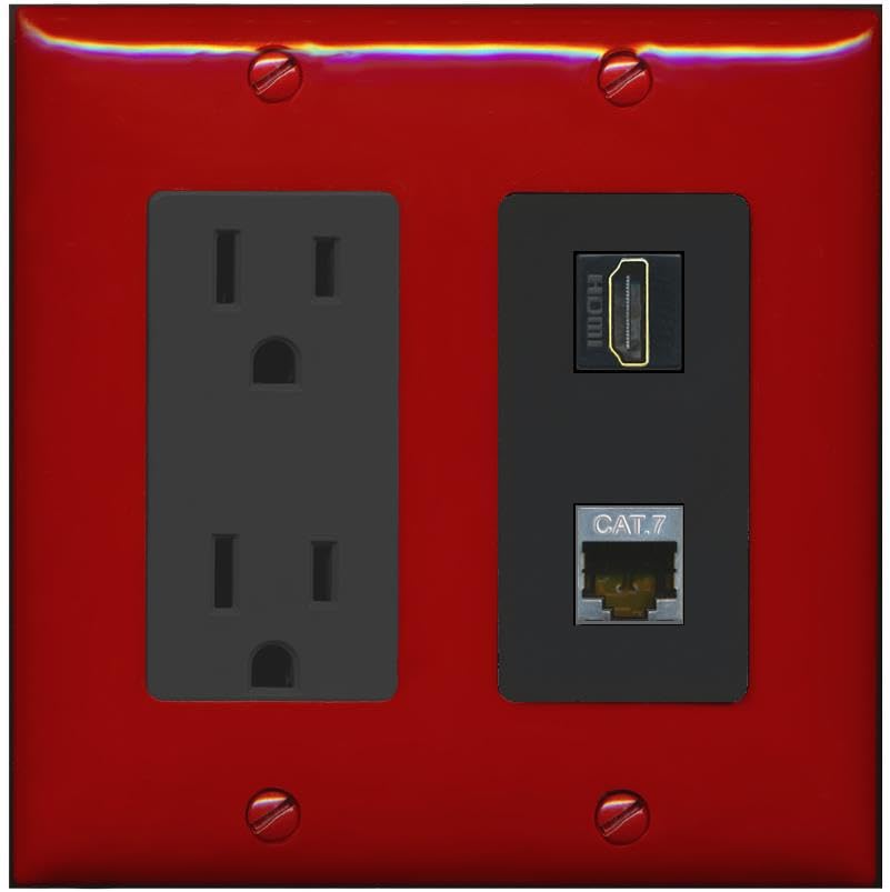 RiteAV HDMI and Cat7 Wall Plate - Outlet [Red/Black]