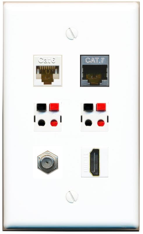 RiteAV CAT6 CAT7 COAX HDMI 2 SPEAKER Flat/Solid Wall Plate [White]