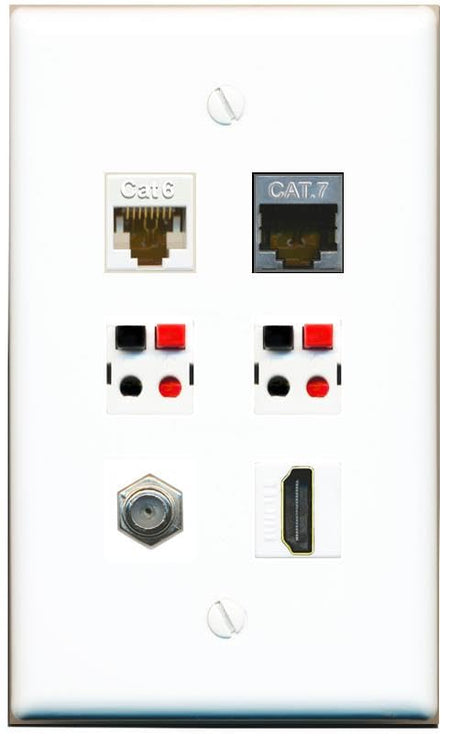 RiteAV CAT6 CAT7 COAX HDMI 2 SPEAKER Flat/Solid Wall Plate [White]