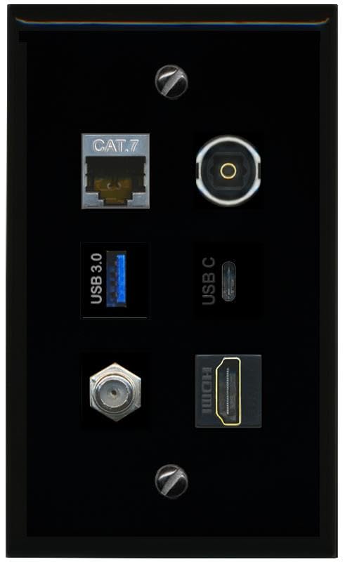 RiteAV CAT7 Coax HDMI TOSLINK USB 3 USBC Flat/Solid Wall Plate [Black]