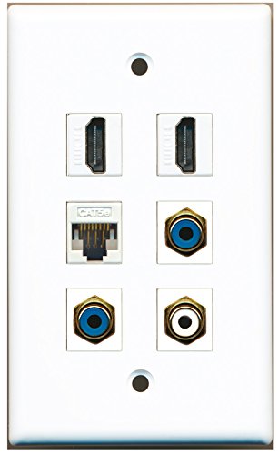 RiteAV - 2 HDMI 1 Port RCA White 2 Port RCA Blue 1 Port Cat5e Ethernet White Wall Plate