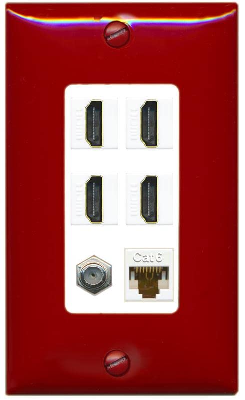 RiteAV 4 Port HDMI 1 Coax Cable TV- F-Type 1 Cat6 Ethernet Wall Plate - 1 Gang [Red/White]