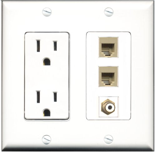 RiteAV - 15 Amp Power Outlet 1 Port RCA White 2 Port Phone Beige Decorative Wall Plate