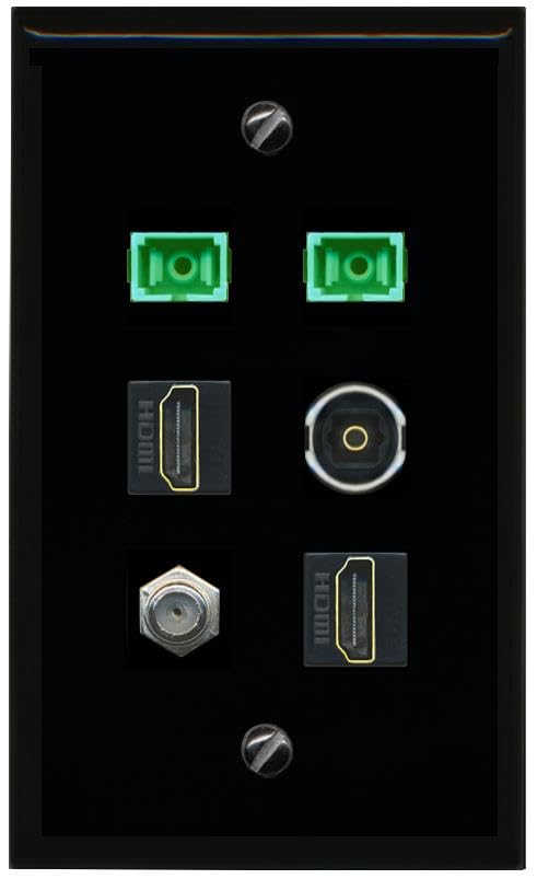 RiteAV Coax 2 HDMI 2 SC APC Simplex Fiber TOSLINK Flat/Solid Wall Plate [Black]