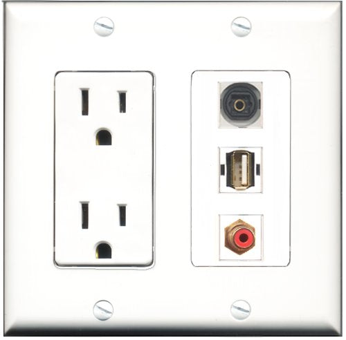 RiteAV - 15 Amp Power Outlet 1 Port RCA Red 1 Port USB A-A 1 Port Toslink Decorative Wall Plate