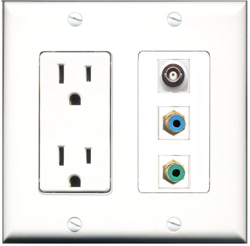 RiteAV - 15 Amp Power Outlet 1 Port RCA Green 1 Port RCA Blue 1 Port BNC Decorative Wall Plate