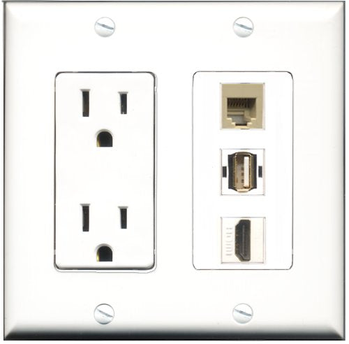 RiteAV - 15 Amp Power Outlet 1 Port HDMI 1 Port USB A-A 1 Port Phone Beige Decorative Wall Plate