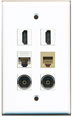 RiteAV - 2 HDMI 1 Port Phone RJ11 RJ12 Beige 2 Port Toslink 1 Port Cat5e Ethernet White Wall Plate