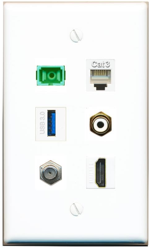 RiteAV Coax HDMI Phone RCA-White SC-APC-SX USB-3 Flat/Solid Wall Plate [White]