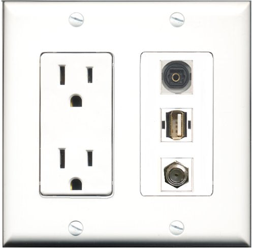 RiteAV - 15 Amp Power Outlet 1 Port Coax 1 Port USB A-A 1 Port Toslink Decorative Wall Plate