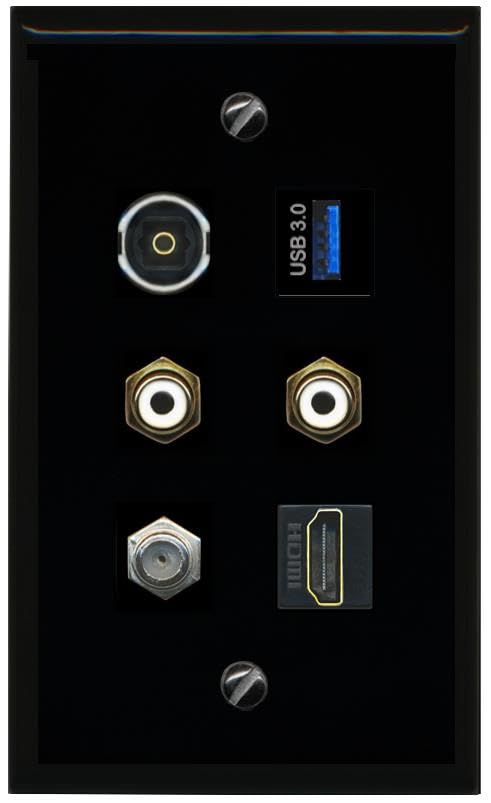 RiteAV Coax HDMI 2 RCA White TOSLINK USB 3 Flat/Solid Wall Plate [Black]