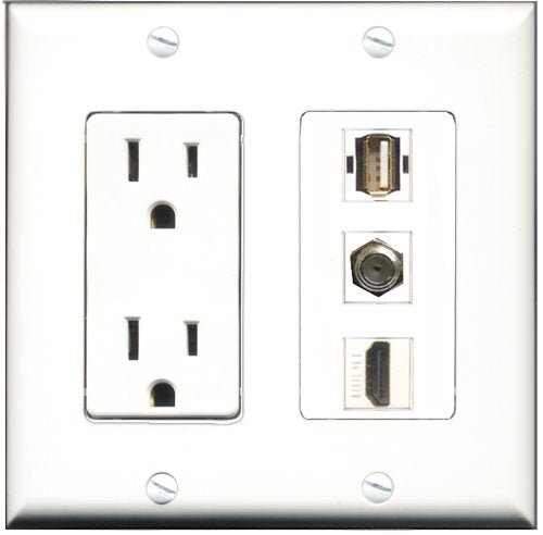 RiteAV - 15 Amp Power Outlet 1 Port HDMI 1 Port Coax 1 Port USB A-A Decorative Wall Plate