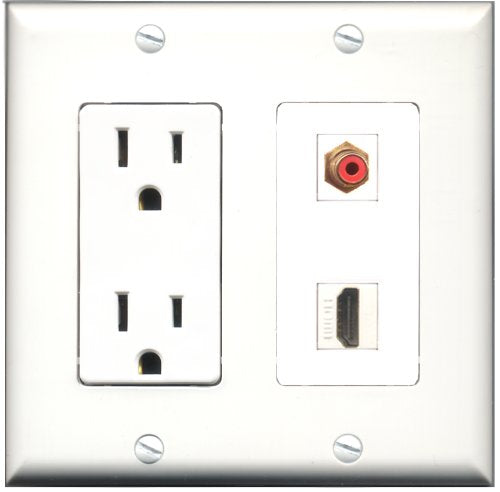 RiteAV - 15 Amp Power Outlet and 1 Port HDMI and 1 Port RCA Red Decorative Type Wall Plate White