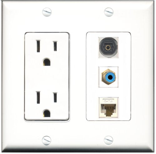 RiteAV - 15 Amp Power Outlet 1 Port RCA Blue 1 Port Toslink 1 Port Cat6 Ethernet Ethernet White Decorative Wall Plate
