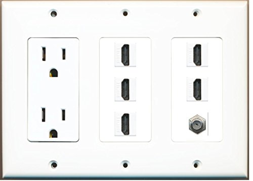 RiteAV - (3 Gang 15A Power Outlet 5 HDMI Coax Cable TV Wall Plate White