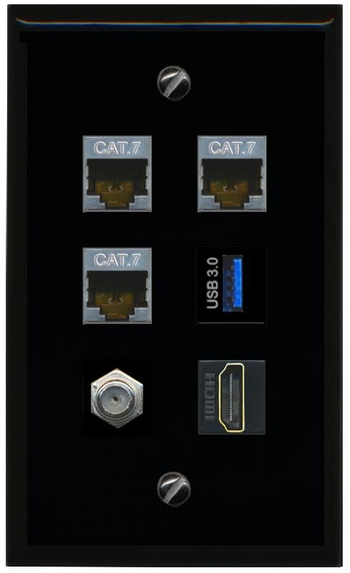 RiteAV 3 CAT7 COAX HDMI USB 3 Flat/Solid Wall Plate [Black]