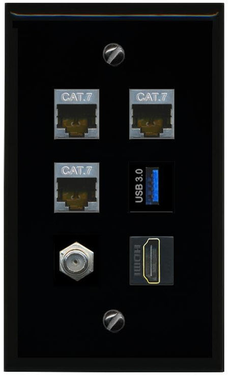 RiteAV 3 CAT7 COAX HDMI USB 3 Flat/Solid Wall Plate [Black]