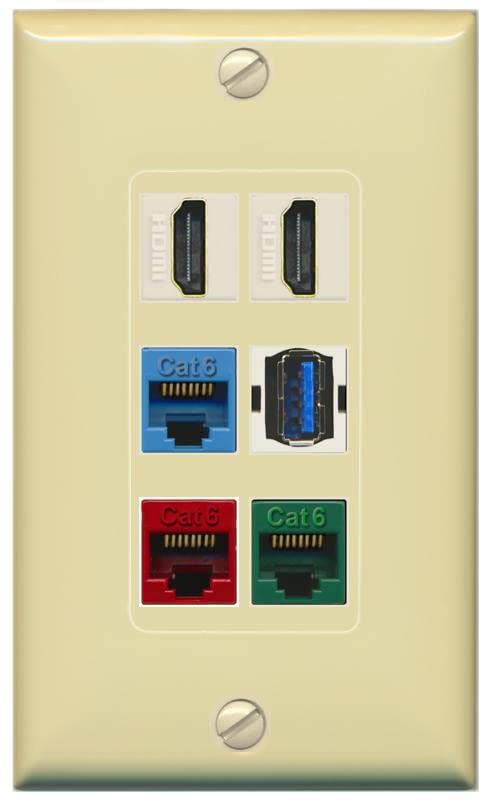RiteAV 2 HDMI 3 Cat6 Ethernet USB3 Mixed Color Wall Plate - 1 Gang [Ivory/Ivory]