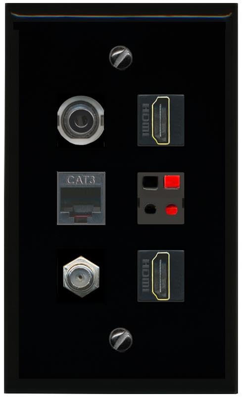 RiteAV 3.5mm COAX 2 HDMI PHONE SPEAKER Flat/Solid Wall Plate [Black]
