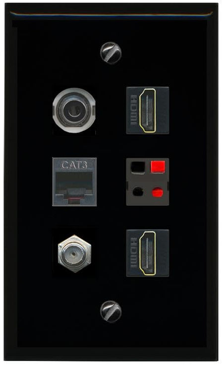 RiteAV 3.5mm COAX 2 HDMI PHONE SPEAKER Flat/Solid Wall Plate [Black]