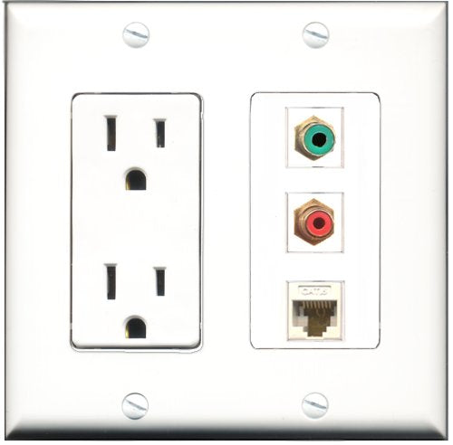 RiteAV - 15 Amp Power Outlet 1 Port RCA Red 1 Port RCA Green 1 Port Cat6 Ethernet Ethernet White Decorative Wall Plate
