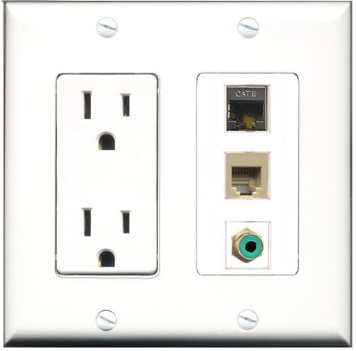 RiteAV - 15 Amp Power Outlet 1 Port RCA Green 1 Port Phone Beige 1 Port Shielded Cat6 Ethernet Ethernet Decorative Wall Plate