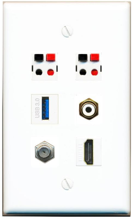 RiteAV COAX HDMI RCA-WHITE 2 SPEAKER USB-3 Flat/Solid Wall Plate [White]