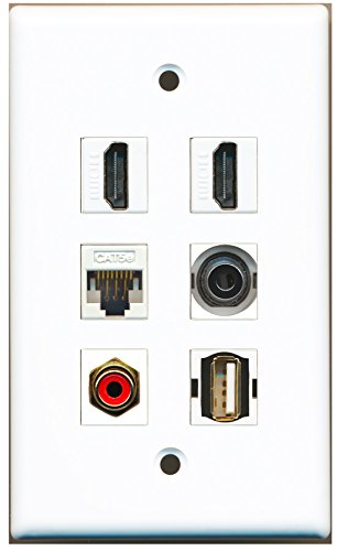 RiteAV - 2 HDMI 1 Port RCA Red 1 Port USB A-A 1 Port 3.5mm 1 Port Cat5e Ethernet White Wall Plate
