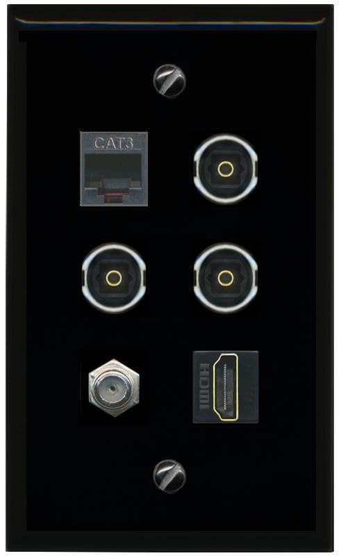 RiteAV Coax HDMI Phone 3 TOSLINK Flat/Solid Wall Plate [Black]
