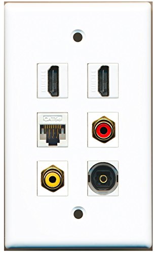 RiteAV - 2 HDMI 1 Port RCA Red 1 Port RCA Yellow 1 Port Toslink 1 Port Cat5e Ethernet White Wall Plate
