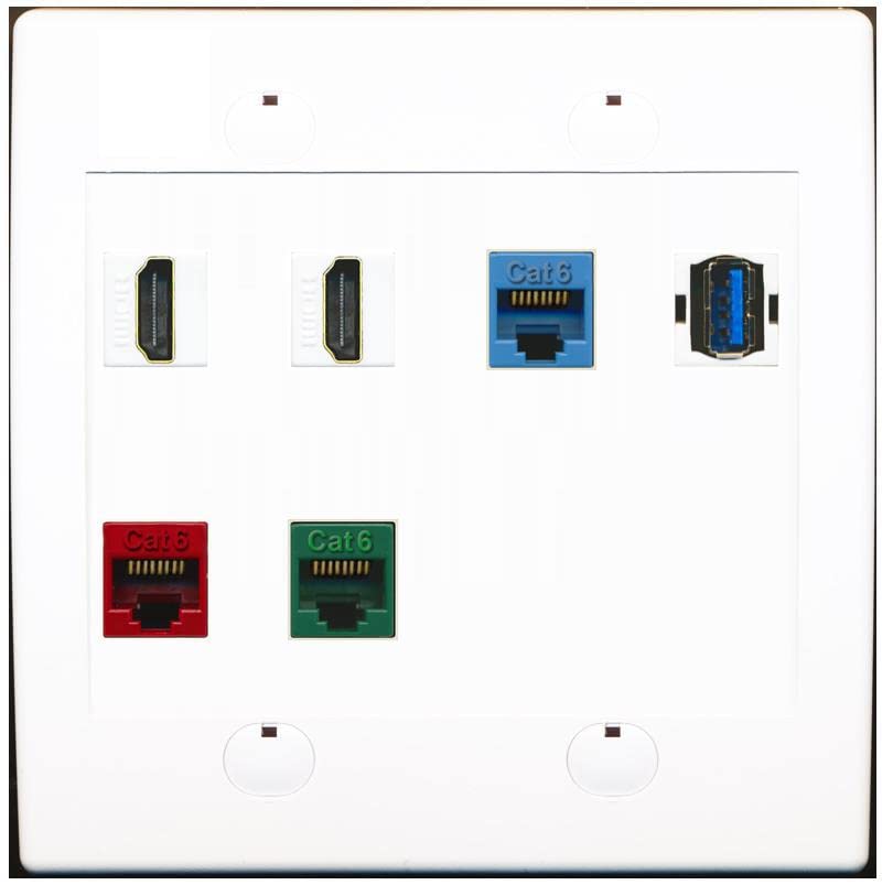 RiteAV 2 HDMI 3 Cat6 Ethernet USB3 Mixed Color Wall Plate - Flat 2 Gang [White/White]