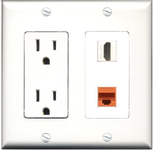 RiteAV - 15 Amp Power Outlet and 1 Port HDMI and 1 Port Cat5e Ethernet Orange Decorative Type Wall Plate White