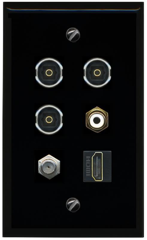 RiteAV COAX HDMI RCA WHITE 3 TOSLINK Flat/Solid Wall Plate [Black]