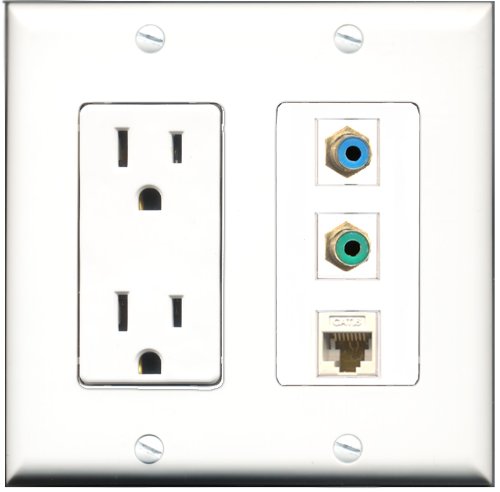 RiteAV - 15 Amp Power Outlet 1 Port RCA Green 1 Port RCA Blue 1 Port Cat6 Ethernet Ethernet White Decorative Wall Plate