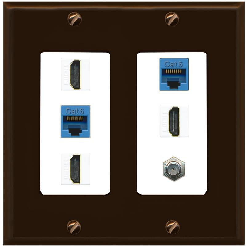 RiteAV 3 HDMI Wall Plate 2 Cat6 1 Coax - 2 Gang [Brown/White]