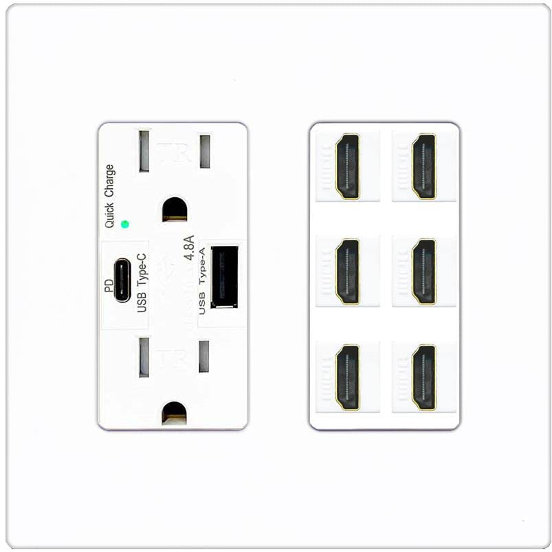 RiteAV HDMI Wall Plate 6 Port - USB A+C Charger [Screwless White]