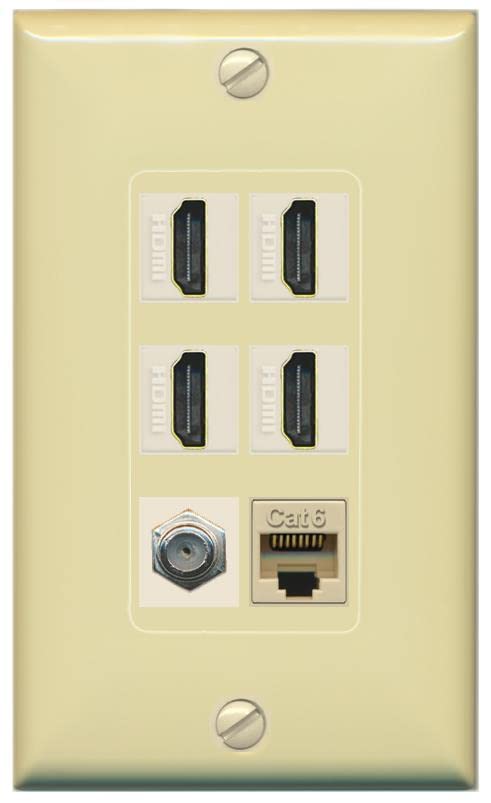 RiteAV 4 Port HDMI 1 Coax Cable TV- F-Type 1 Cat6 Ethernet Wall Plate - 1 Gang [Ivory/Ivory]