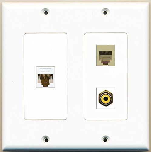 RiteAV - 1 Port RCA Yellow 1 Port Phone RJ11 RJ12 Beige 1 Port Cat6 Ethernet White - 2 Gang Wall Plate
