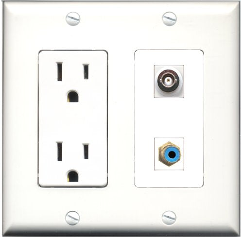 RiteAV - 15 Amp Power Outlet and 1 Port RCA Blue and 1 Port BNC Decorative Type Wall Plate White