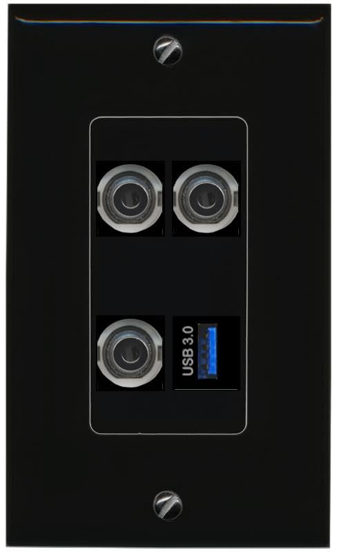 RiteAV 3 3.5mm USB-3 Wall Plate Decorative [Black]