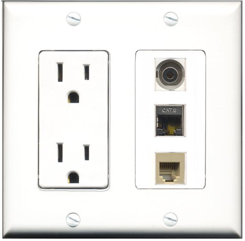 RiteAV - 15 Amp Power Outlet 1 Port Phone Beige 1 Port Shielded Cat6 Ethernet Ethernet 1 Port 3.5mm Decorative Wall Plate