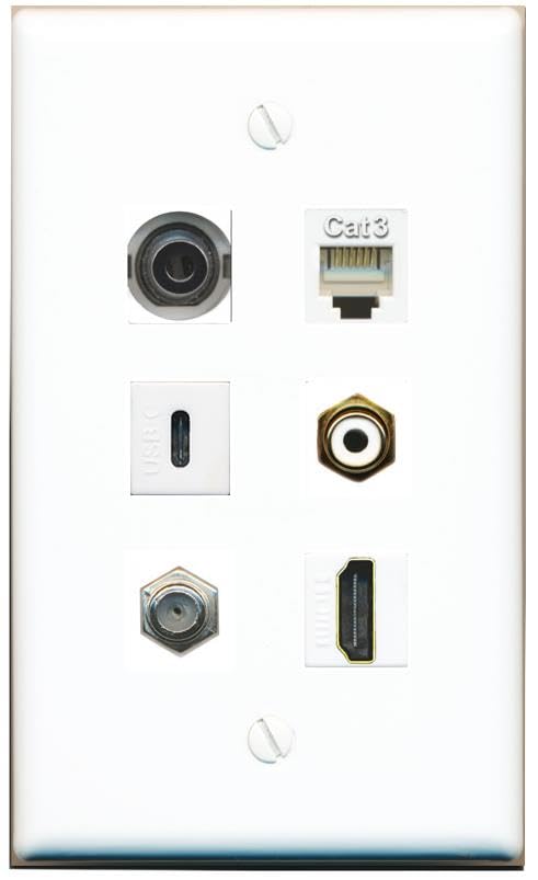 RiteAV 3.5mm Coax HDMI Phone RCA-White USBC Flat/Solid Wall Plate [White]