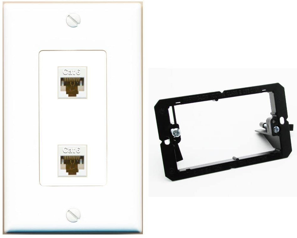 RiteAV 2 Port Cat6 Ethernet Wall Plate - 1 Gang w-Bracket [White/White]