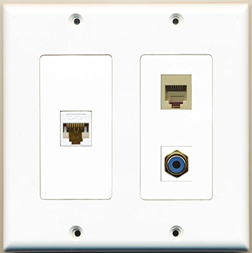 RiteAV - 1 Port RCA Blue 1 Port Phone RJ11 RJ12 Beige 1 Port Cat6 Ethernet White - 2 Gang Wall Plate
